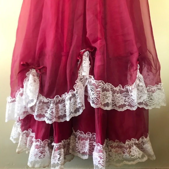 Vintage 70s Victorian Red White Lace Maxi Dress - Picture 2 of 11